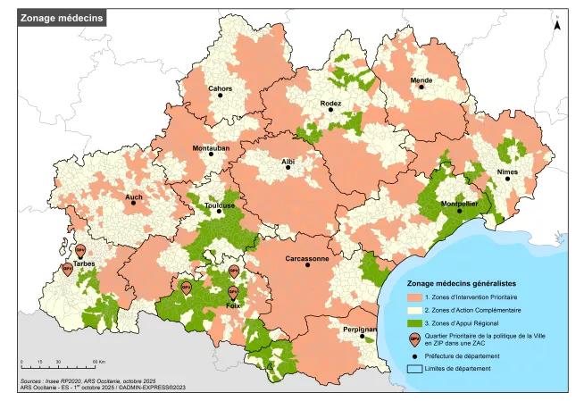 Zonage médecin 2025 en Occitanie